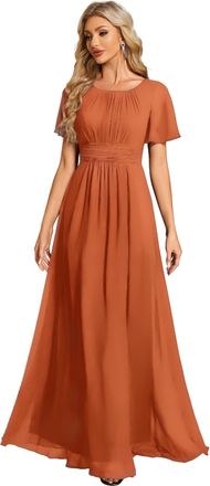 Ever-pretty Womens Maxi Bridesmaid Dress with Ruffles Sleeve Pleated Elegant Chiffon Evening Gowns Brandied Melon 16