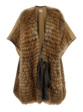 P.A.R.O.S.H. Beige Cape With Fur On The Front And Belt Closure In Wool Woman