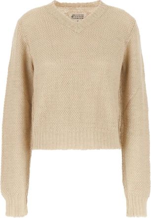 Maison Margiela Rondgebreide trui - Dames - V-hals truien - Beige - M - Hennep - Truien & Vesten
