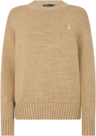Polo Ralph Lauren Round-neck Knitwear, female, Beige, Size: S Cotton Sweater with Embroidery