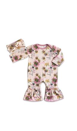 Everly Grey Ruffle Romper & Head Wrap Set in Camellia at Nordstrom, Size 12-18M