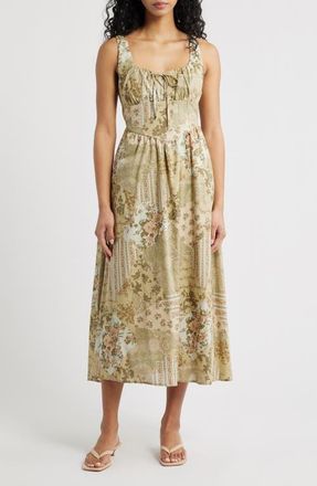 Blu Pepper Milkmaid Print Sleeveless Maxi Dress in Olive at Nordstrom, Size Medium