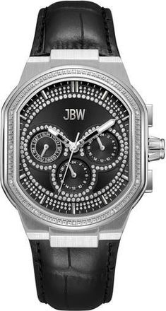 JBW Orion Diamond Leather Strap Watch, 39mm in Stainless Steel/black at Nordstrom Rack