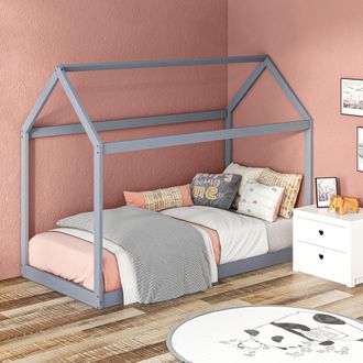 HOMCOM Wooden Single Bed Frame with Tree House Style in Grey