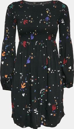 Maje Black Bird And Star Print Crepe Smocked Reskita Mini Dress