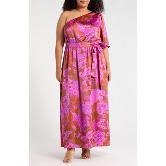 Sugarlips Lorian Floral Print One-Shoulder Maxi Dress in Rust-Magenta at Nordstrom, Size 3 X