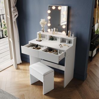 Elegant Lighting Elegant - Modern Dressing Table Makeup Vanity Table with Brightness Mirror, 2 Drawers and Open shelves for Bedroom, Dresser Set with Stool + 3-color
