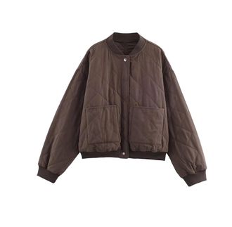 Generic Womens Quilted Outerwear, Retro Long Sleeve Pocket Casual Simple Basic Outerwear Brown