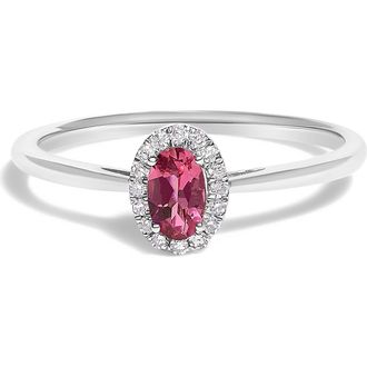 House of Brilliance 10K White Gold Oval and Diamond Accent Halo Birthstone Ring in Pink Tourmaline at Nordstrom, Size 6.5
