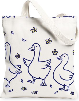 Generic Geese Canvas Tote Bags, Cute Animal Print Reusable Grocery Bags, Spring Floral Lightweight Washable Shoulder Strap Canvas F, White, 13x15 Inch