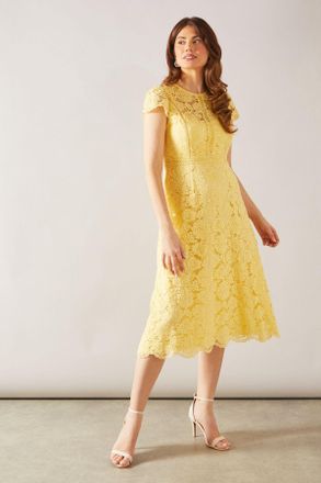Wallis Womens Lace Fit And Flare Midi Dress - Yellow - Size 16 UK