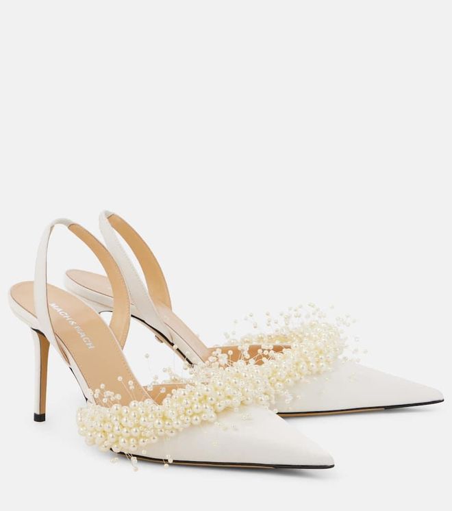 Floating Pearl 85 satin slingback pumps