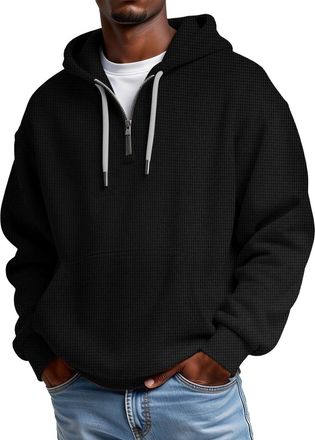Generic Oversized Hoodie Men Quarter Zip Jumper Waffle Knit Sweatshirt Baggy Hoodies With Pocket Long Sleeve Pullover 1/4 Zip Sweatshirt Drawstring Plus Size 