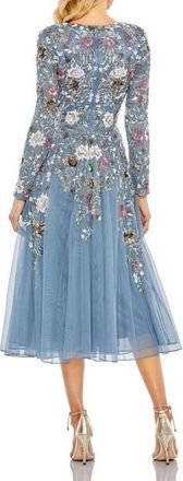 Mac Duggal Hand Embellished Floral V Neck Long Sleeve Dress in Slate Blue Multi at Nordstrom, Size 18