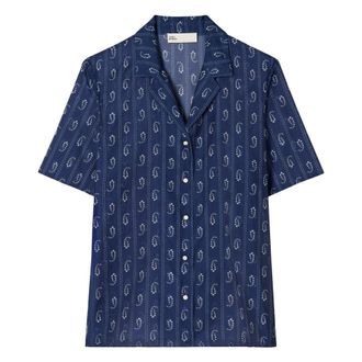 Tory Burch Tory Burch, Shirts, female, Blue, Size: 2XS Printed Camp Shirt