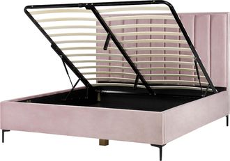 Beliani Cama Con Almacenaje Cabecero Acolchado Patas Negras Metal Terciopelo Rosa 180 X 200 Cm Sezanne