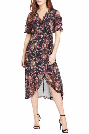 Kensie Faux Tie Front Slit Short Sleeve Fit And Flare Dress In Black