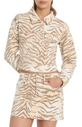 Good American Essential Crop Organic Cotton Denim Jacket in Brown Tiger at Nordstrom, Size X-Small