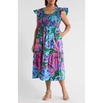 Sugarlips Raylee Floral Wendy Smocked Midi Sundress in Kelly-Blue-Multi at Nordstrom, Size 1X