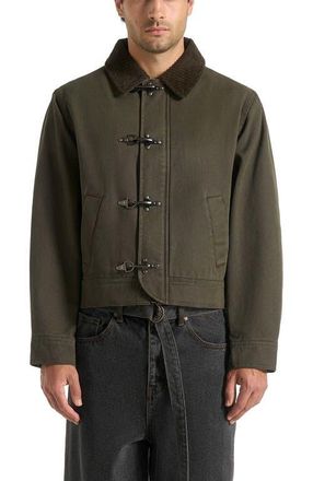 Mani&egrave;re De Voir Nino Clasp Detail Contrast Stitch Gabardine Jacket in Dark Green at Nordstrom, Size X-Large
