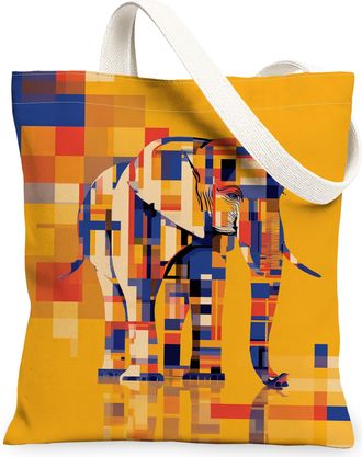 Generic Elephant Canvas Tote Bag, Colorful Geometric Pattern Reusable Grocery Bags, Lightweight Washable Shoulder Tote for Travel B, Yellow, 13x15 Inch