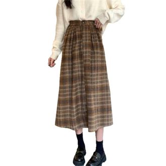 Generic Womens A Line Skirt High Waist Midi Skirt Plaids Flared Pleated Long Skirt Vintage Tartan Skirt Fall Winter Warm Skirts-Orange for Grid-M