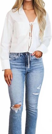 Blue Blush Right Moment Bow Tie Pocket Collared Top In White