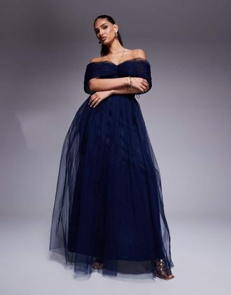 Lace & Beads bow off shoulder tulle maxi dress in navy