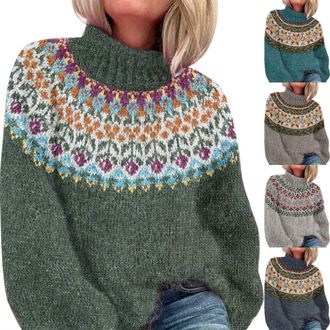 Generic Fairisle Jumpers For Women - Turtleneck Sweater For Women Fashion Elegant WomenS Pullover Sweaters Soft Comfortable Icelandic Jumpers For Women Loose 
