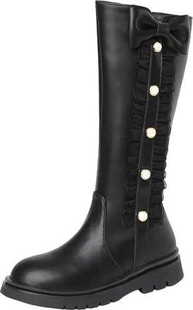 Generic Womens Cute Mid Calf Boots Round Toe Low Square Heel With Side Zipper And Butterfly-Knot Detail Daily Wear Shoes