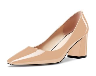 Castamere Women Chunky Block Mid Heel Square Toe Slip-on Pumps Court Shoe Classic Office Dress 6.5 CM Heels Shoes Beige 6 UK