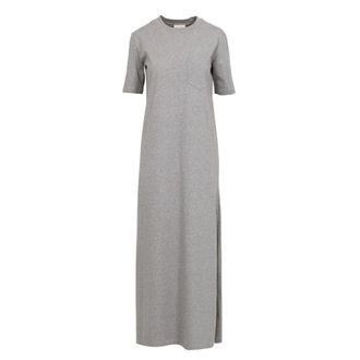 Semicouture Maxi Dresses, female, Gray, Size: L Grey Cotton Dress with Embroidered Logo