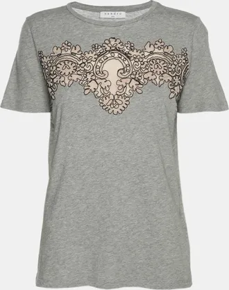 Sandro Grey/beige Cotton And Lace T-Shirt