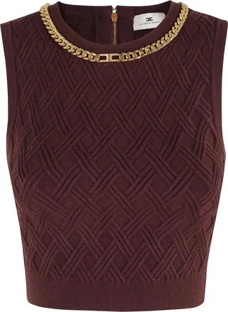 Elisabetta Franchi Knit Top with Diamond Pattern - female - Elisabetta Franchi - Round-neck Knitwear - Brown - XS - Knitwear