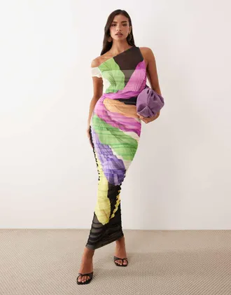 AFRM Biona - Vestito midi monospalla asimmetrico arricciato con stampa vivace di piume-Multi