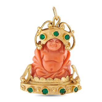 Luxury Bazaar 18K Yellow Gold Carved Coral and Emerald Happy Buddha Pendant MF30-080426