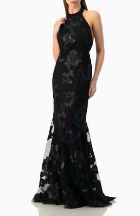Ivonne Halter Floral Lace Mermaid Gown in Black at Nordstrom, Size 10