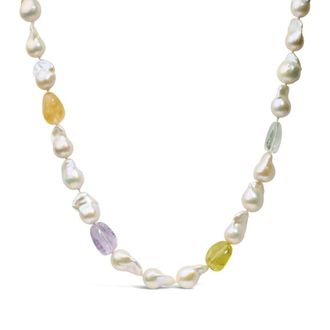 House of Brilliance 14K Yellow Citrine, Amethyst, and Baroque Pearl Strand Necklace - 18 Inches