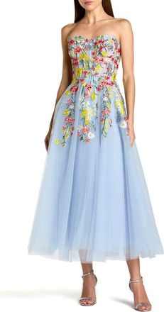 Mac Duggal Strapless Floral Embroidered A-Line Midi Dress in Periwinkle Multi at Nordstrom, Size 10