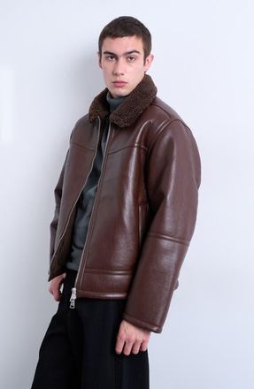 Topman Faux Shearling & Faux Leather Bomber Jacket in Brown at Nordstrom, Size Xx-Large