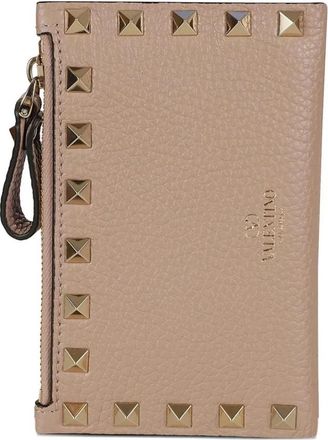Valentino Rockstud Grainy Calfskin Kaarthouder Met Rits - Dames - Portefeuilles - Roze - ONE Size - Accessoires