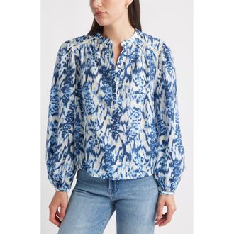 Caslon Embroidered Inset Top in Ivory- Blue Linen Ikat at Nordstrom Rack, Size Small