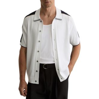 Reiss Farley Colorblock Short Sleeve Knit Button-Up Shirt in Navy/White at Nordstrom, Size Xx-Large