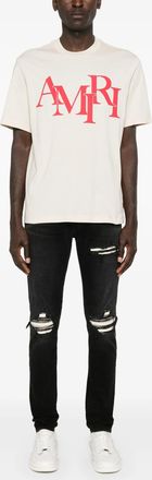 Amiri Mens Staggered Logo Red Printed T-Shirt in Yellow Cotton - Size 2XL