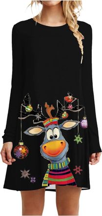 Generic Christmas Dresses for Women UK Long Sleeve Oversized Jumper Dress with Wine Glass & Reindeer Print Funny Ugly Christmas Sweater Dress for Xmas Party F