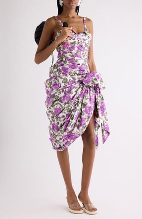 Chlo&eacute; Roses Print Organic Cotton Poplin Dress in White - Purple at Nordstrom, Size 4 Us