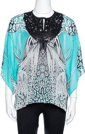 Roberto Cavalli Turquoise Blue Printed Silk Leather Trim Kaftan Top