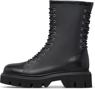 Loriblu Rubberized Calfskin Combat Boots - Dames - Veterlaarzen - Zwart - 35 EU - Leer - Schoenen
