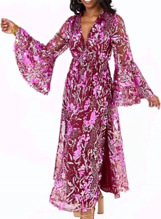 BuddyLove Colette Sequin Floral Maxi Dress With Bell Sleeves In Burgandy/pink
