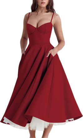 Generic Cocktail Dresses for Women,Sexy Spaghetti Straps Dresses,Womens Club and Night Out Dresses Flowy Midi Dress (Red,S)